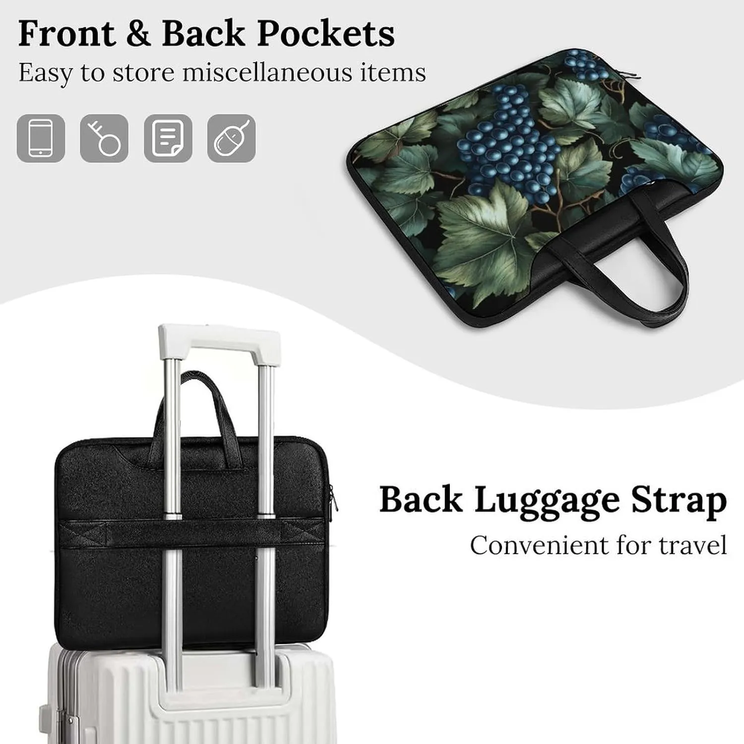 Grapes And Leaves at Night Leather Bag Laptop Case Slim Water Resistant Computer Bags with Handle Briefcase for Work