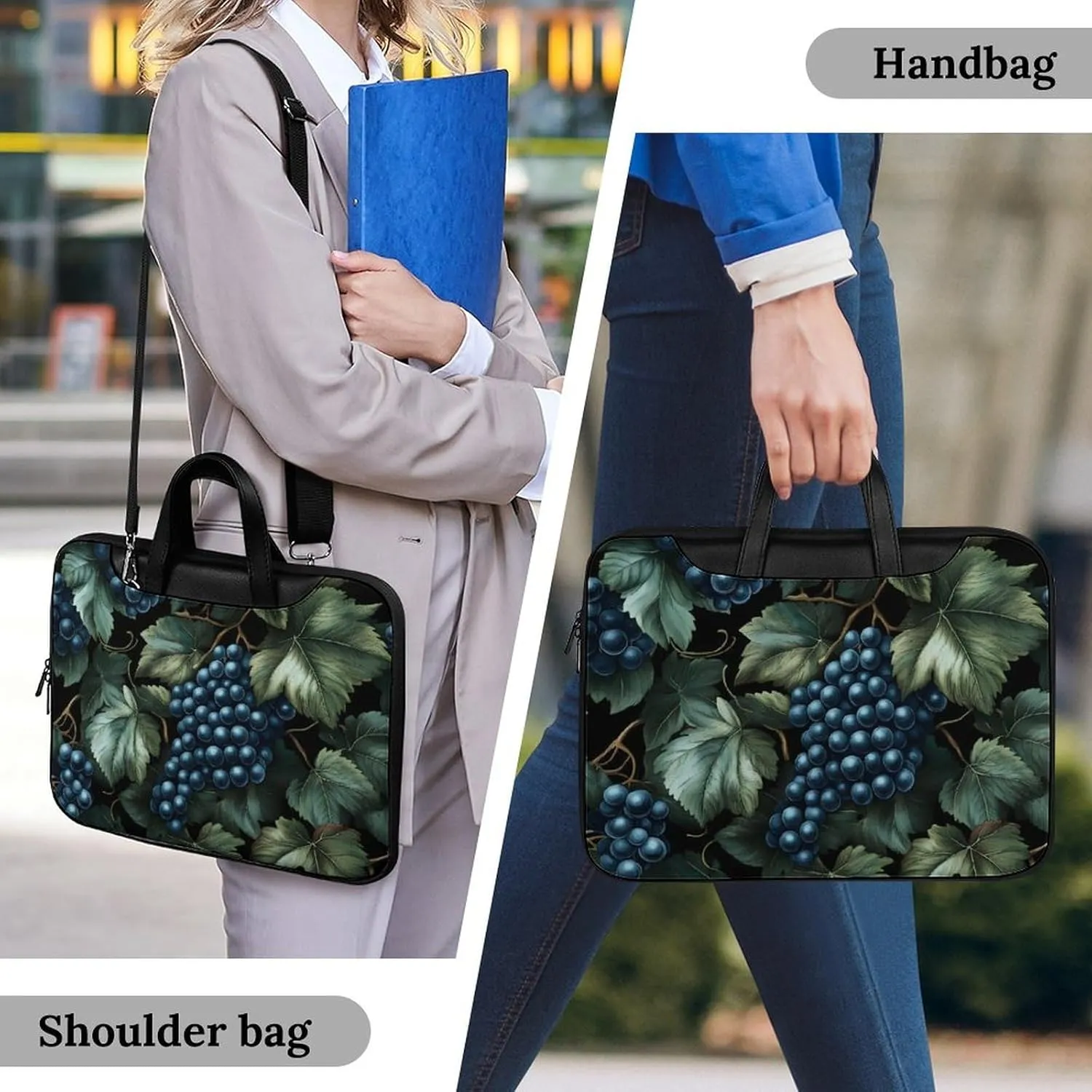 Grapes And Leaves at Night Leather Bag Laptop Case Slim Water Resistant Computer Bags with Handle Briefcase for Work