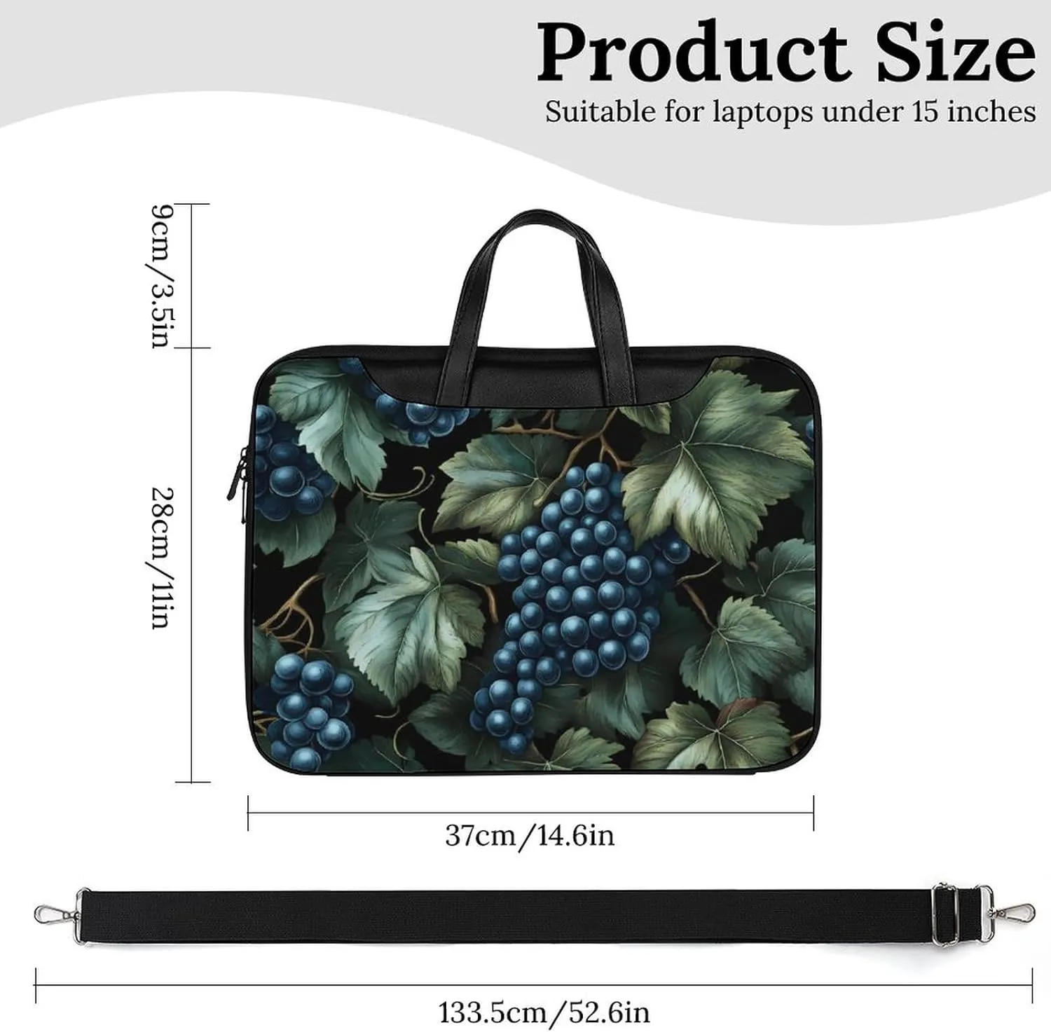 Grapes And Leaves at Night Leather Bag Laptop Case Slim Water Resistant Computer Bags with Handle Briefcase for Work
