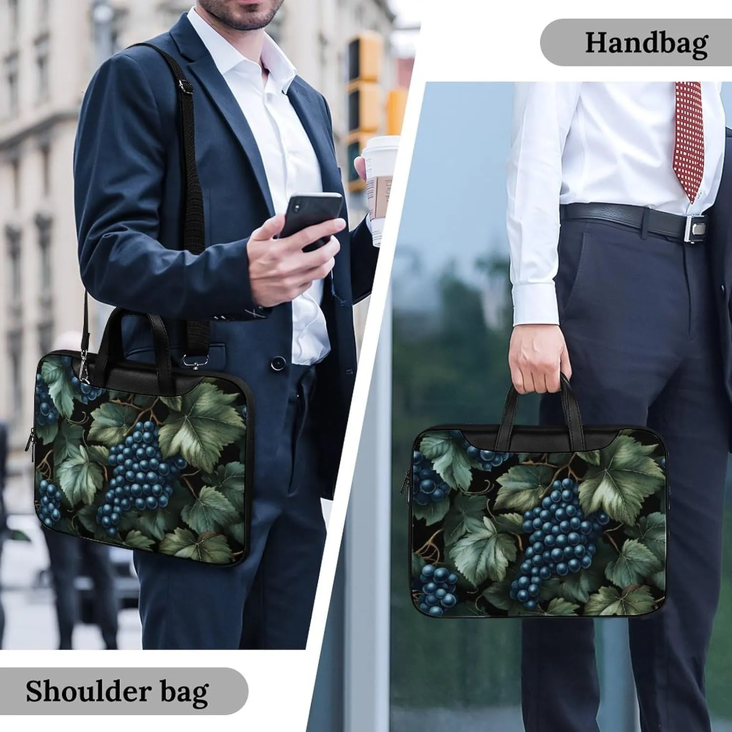 Grapes And Leaves at Night Leather Bag Laptop Case Slim Water Resistant Computer Bags with Handle Briefcase for Work
