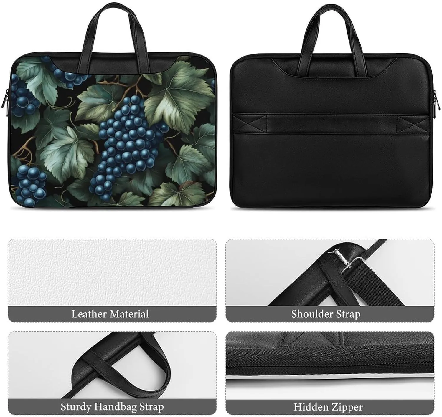 Grapes And Leaves at Night Leather Bag Laptop Case Slim Water Resistant Computer Bags with Handle Briefcase for Work