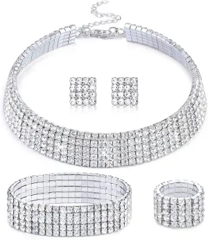 HAIAISO Rhinestone Crystal Jewelry Set - Choker Necklace, Earrings, Stretch Bangle Bracelet, Ring - Bridal Party Jewelry