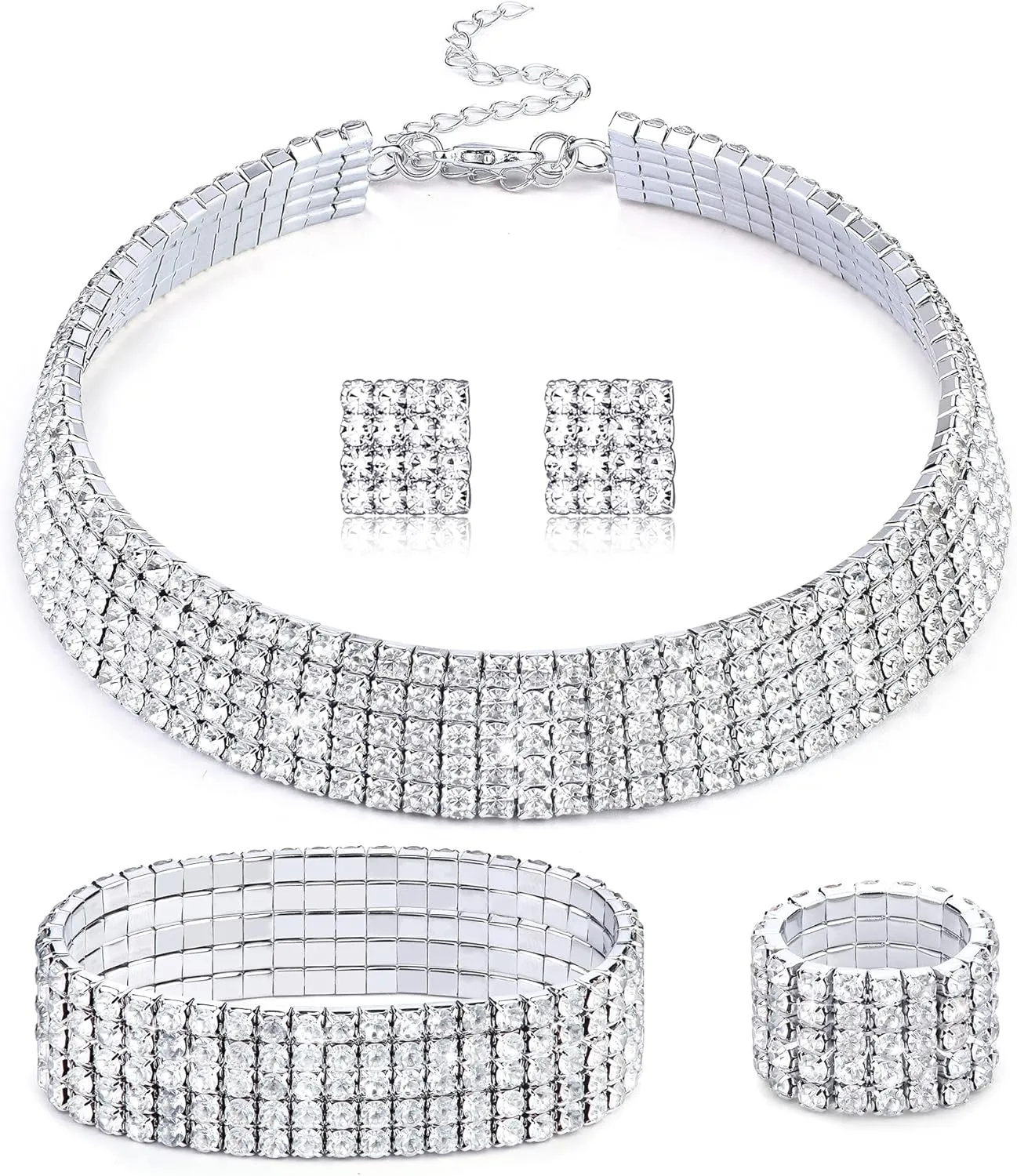 HAIAISO Rhinestone Crystal Jewelry Set - Choker Necklace, Earrings, Stretch Bangle Bracelet, Ring - Bridal Party Jewelry