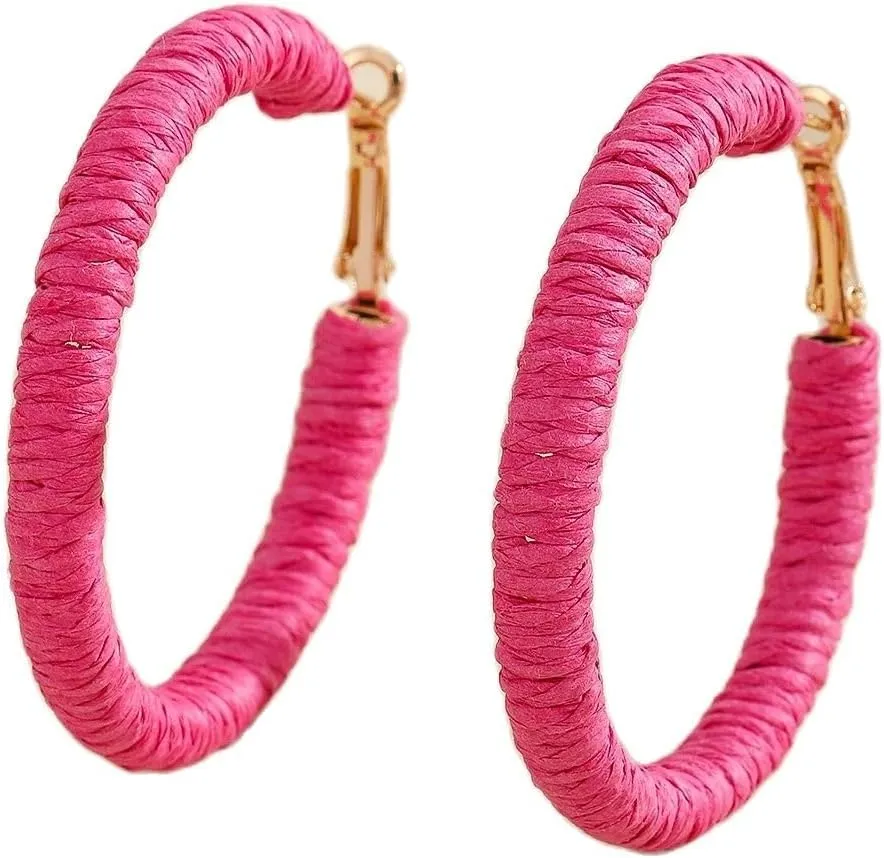 Handmade Rattan Earrings Big Circle Woven Straw Wicker Rattan Dangle Earrings Boho Round Statement Drop Earrings for Women Statement Summer Hoop Earrings Jewelry