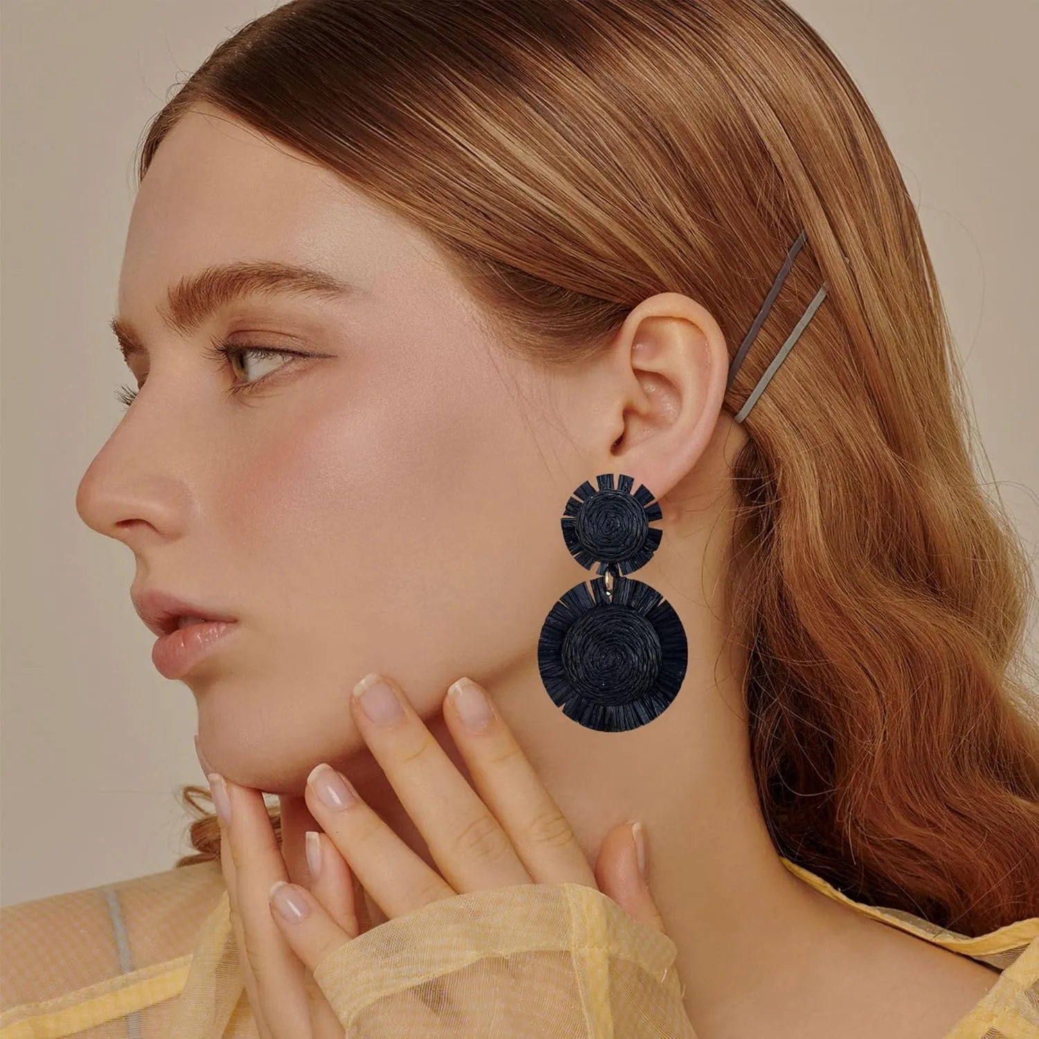 Handmade Statement Raffia Earrings Boho Rattan Dangle Earrings Straw Wrap Summer for Women