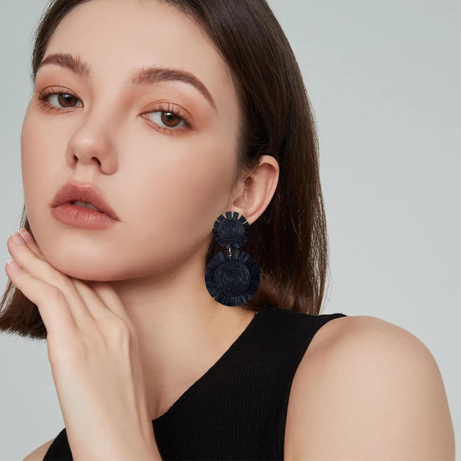 Handmade Statement Raffia Earrings Boho Rattan Dangle Earrings Straw Wrap Summer for Women