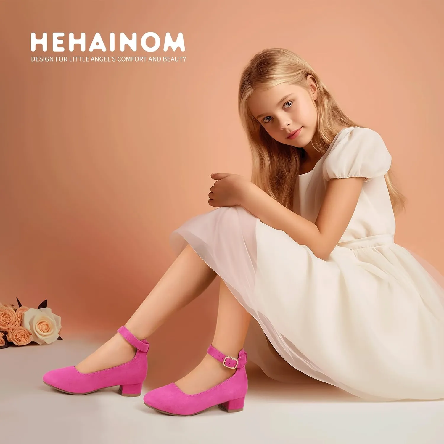 Hehainom Girls Dress Shoes Ankle Strap Flower Girl Heels for Little Big Kids Heels Wedding Church Party Shoes