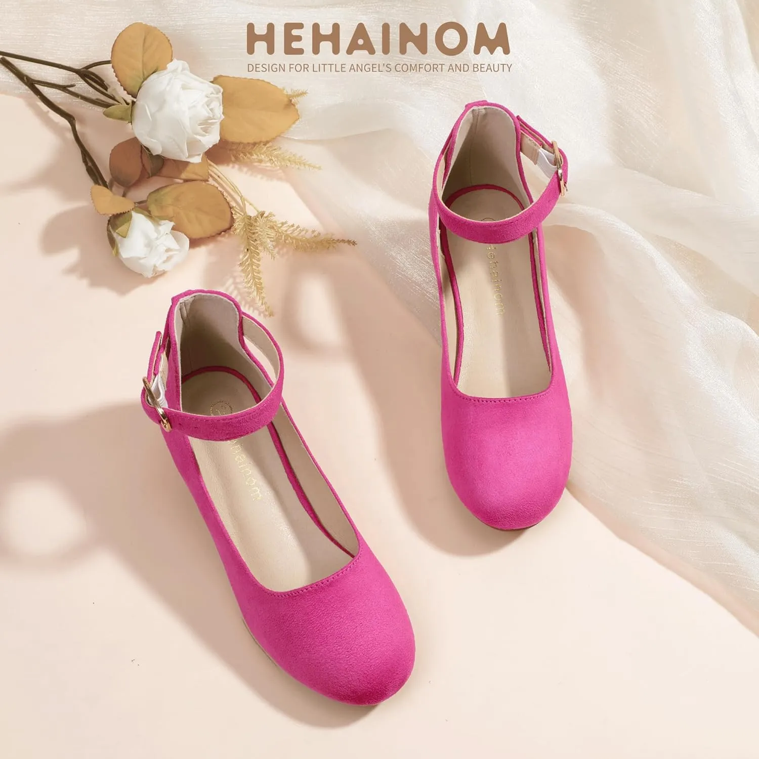 Hehainom Girls Dress Shoes Ankle Strap Flower Girl Heels for Little Big Kids Heels Wedding Church Party Shoes