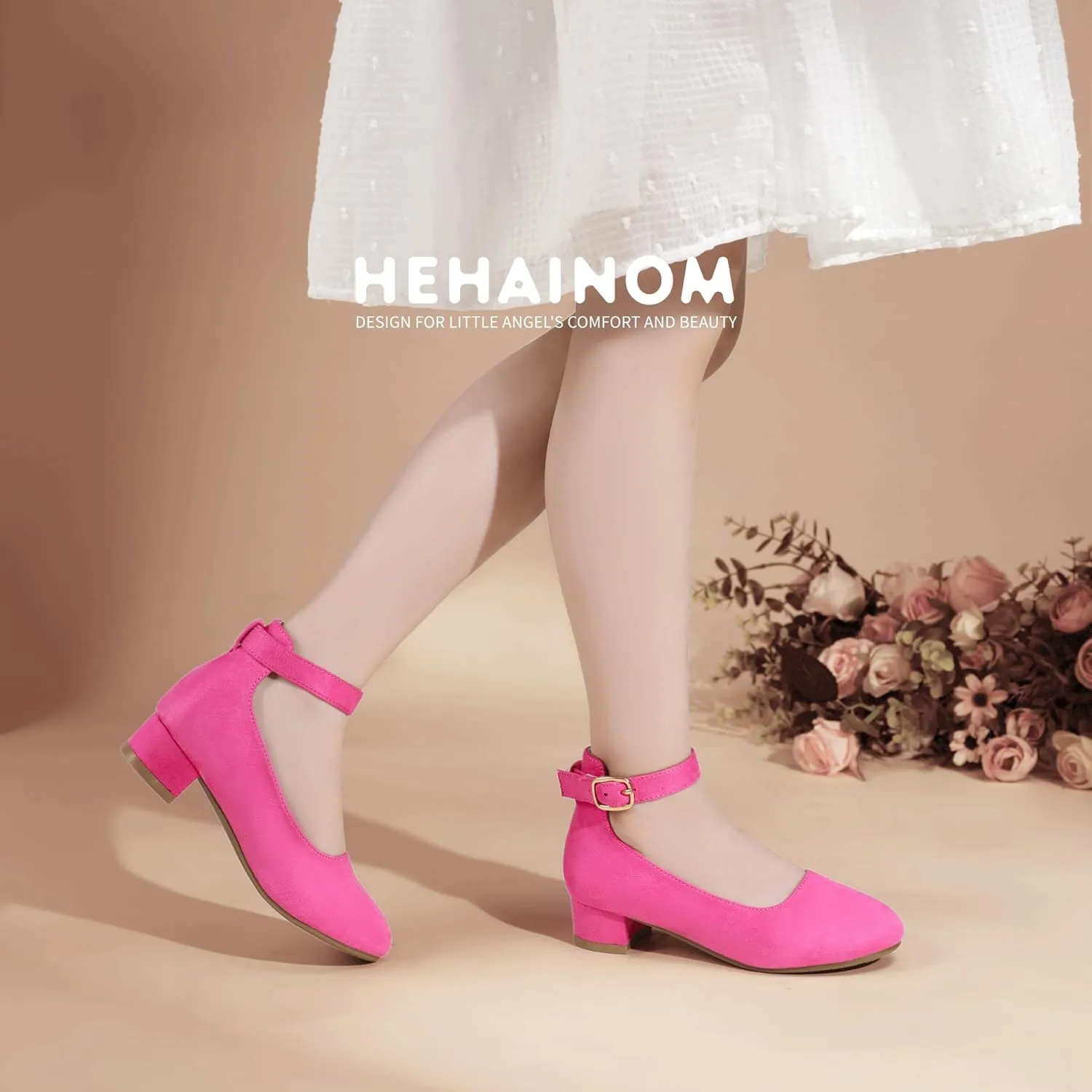 Hehainom Girls Dress Shoes Ankle Strap Flower Girl Heels for Little Big Kids Heels Wedding Church Party Shoes