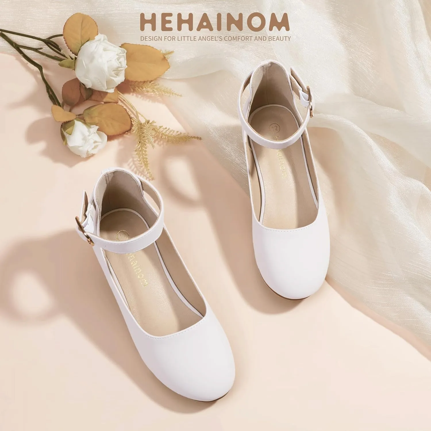 Hehainom Girls Dress Shoes Ankle Strap Flower Girl Heels for Little Big Kids Heels Wedding Church Party Shoes
