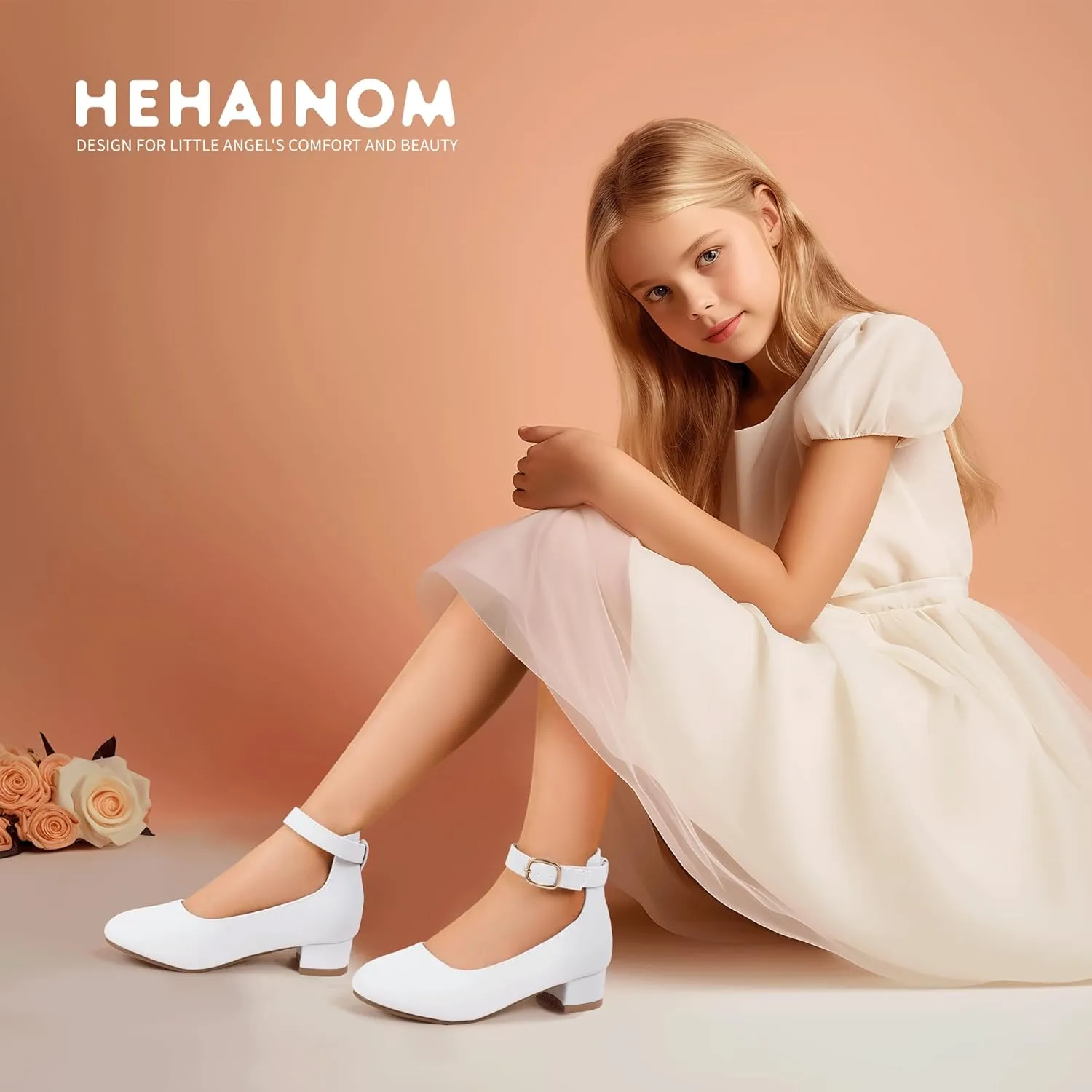 Hehainom Girls Dress Shoes Ankle Strap Flower Girl Heels for Little Big Kids Heels Wedding Church Party Shoes