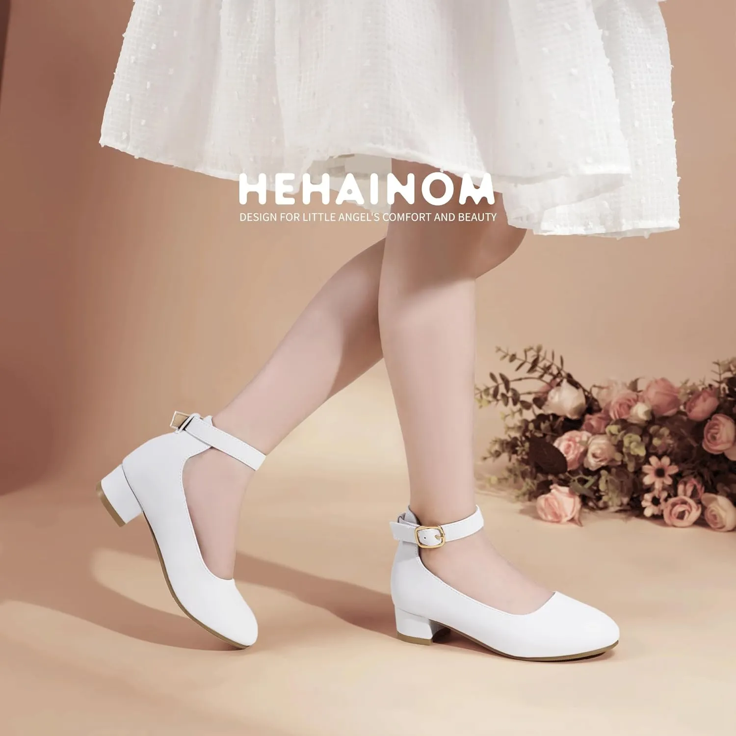 Hehainom Girls Dress Shoes Ankle Strap Flower Girl Heels for Little Big Kids Heels Wedding Church Party Shoes