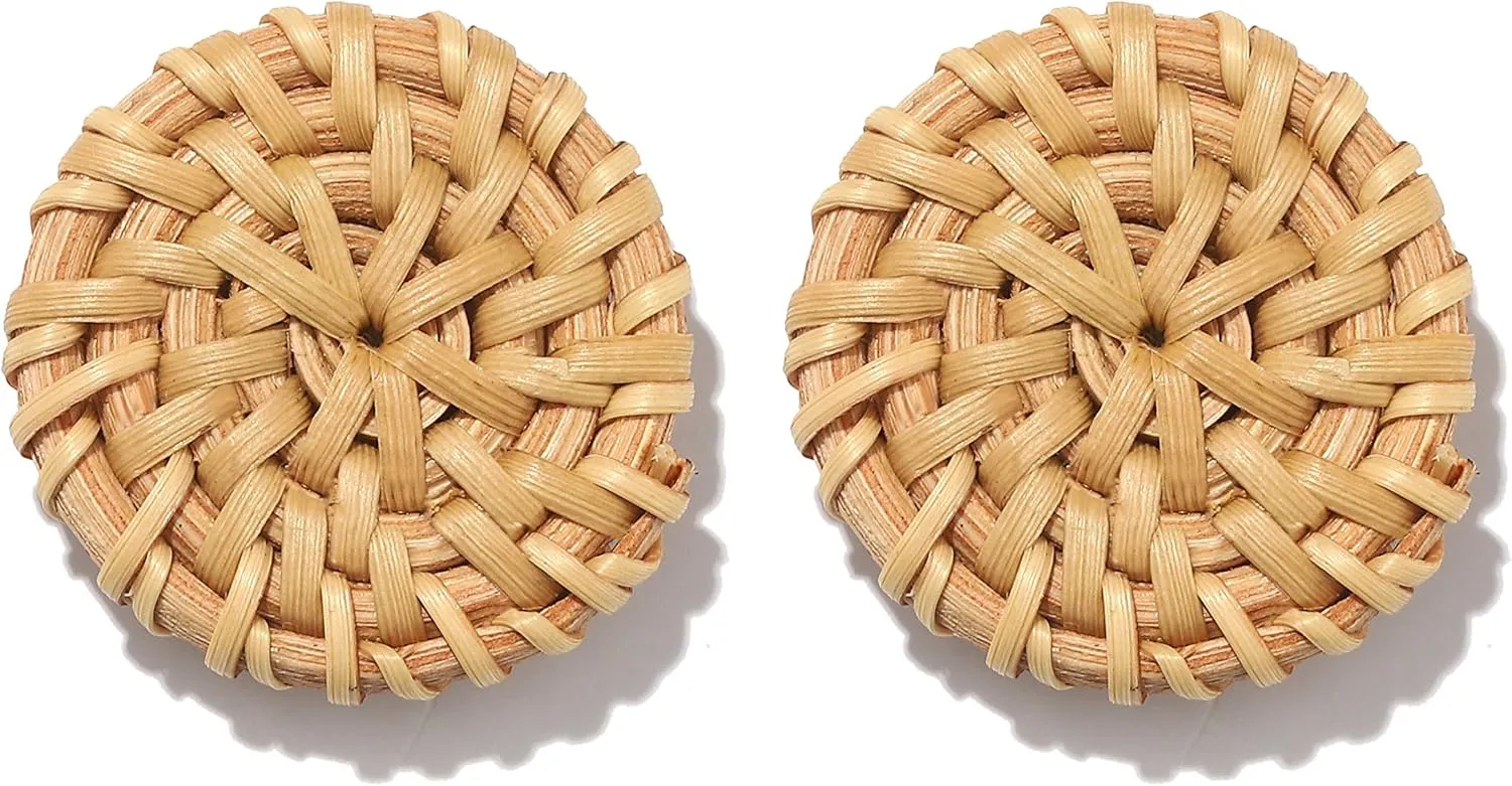 HEIDKRUEGER Rattan Straw Earring Handmade Boho Round Wicker Braid Woven Disc Drop Earring Lightweight Statement Stud Earring for Women Girls