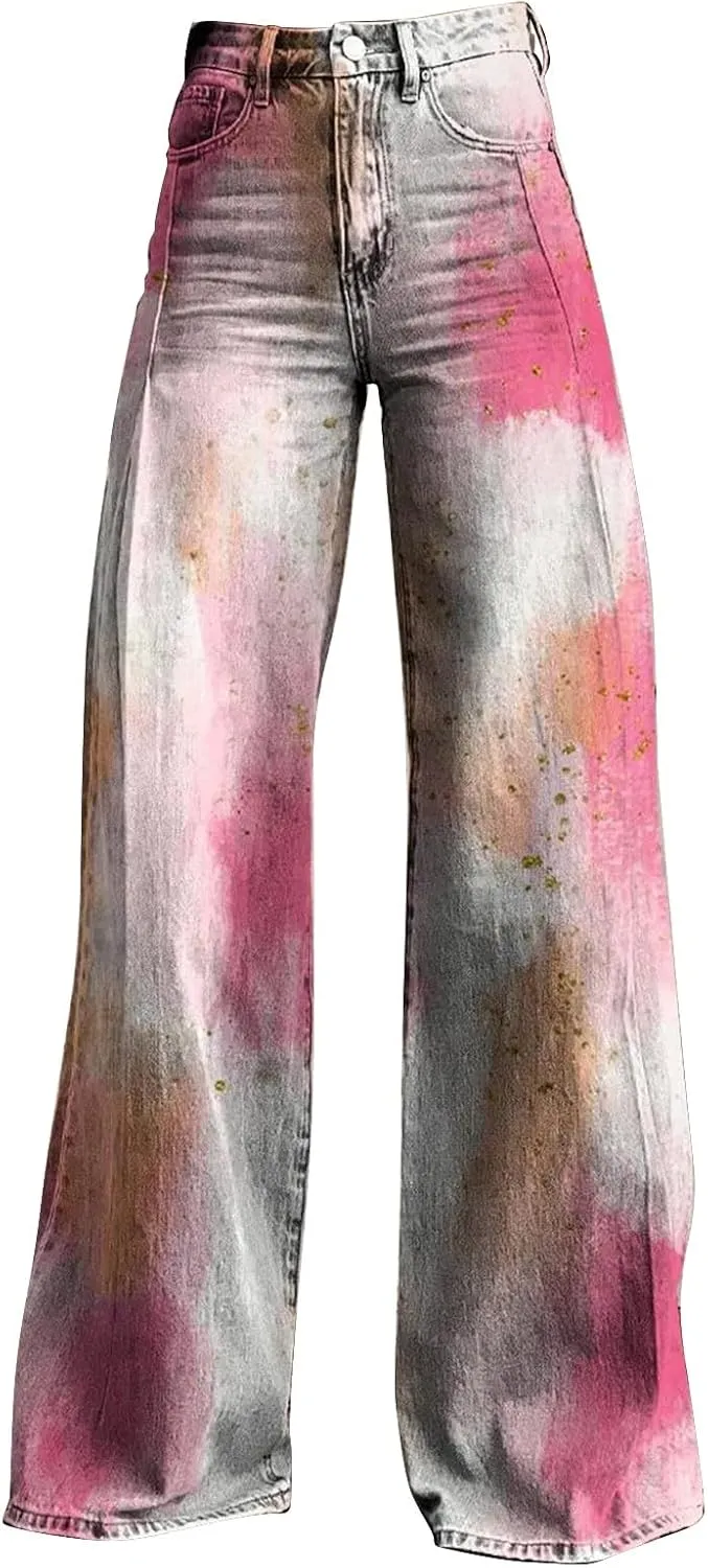 High Waist Casual Trendy Wide Leg Trousers Vintage Print Pants Straight Loose Cargo Pants Women Plus Size Hippie Pants