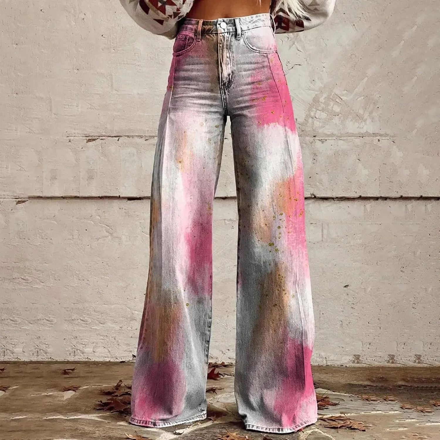 High Waist Casual Trendy Wide Leg Trousers Vintage Print Pants Straight Loose Cargo Pants Women Plus Size Hippie Pants