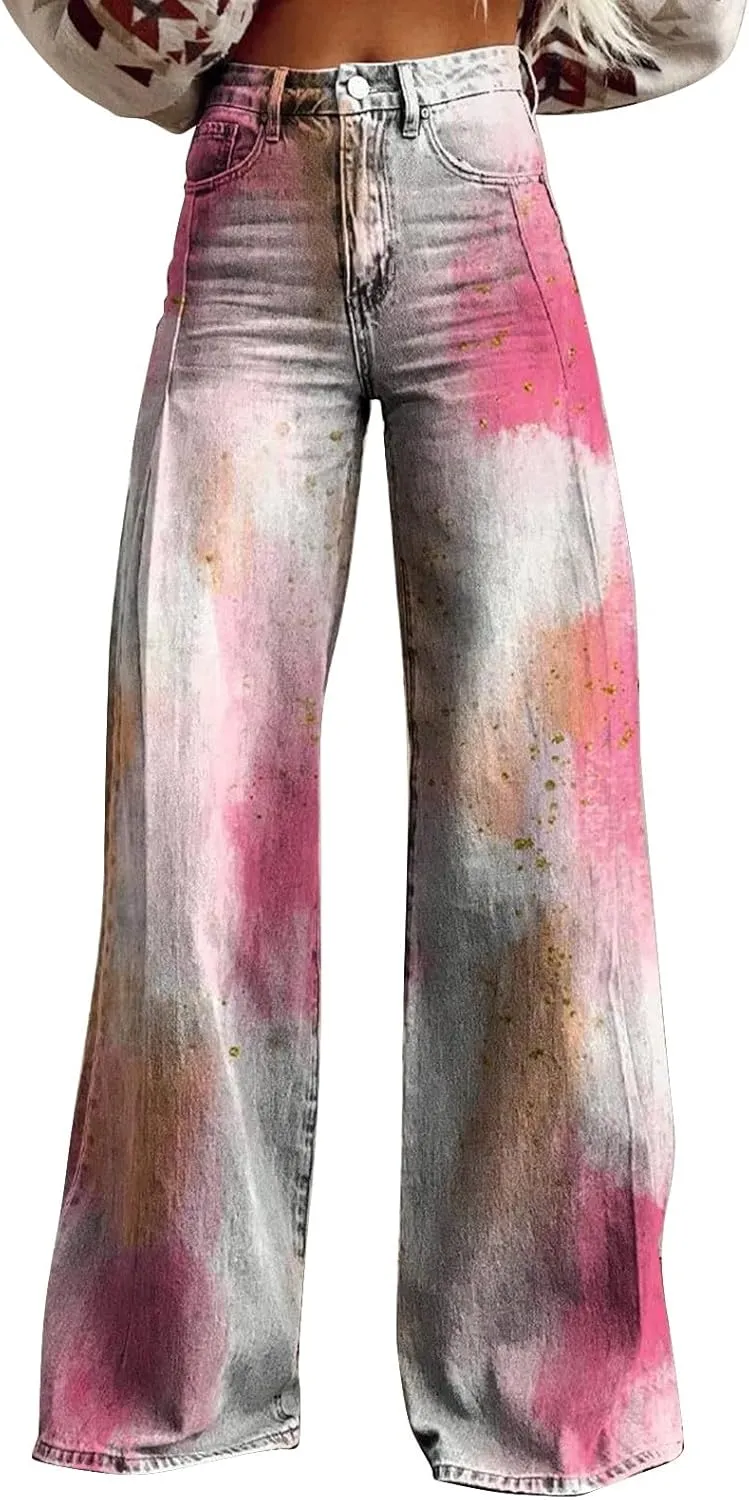 High Waist Casual Trendy Wide Leg Trousers Vintage Print Pants Straight Loose Cargo Pants Women Plus Size Hippie Pants
