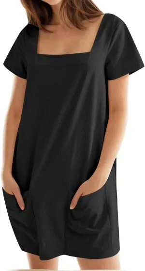 hlysgo Beach Dresses for Women 2025 Summer Short Sleeve Square Neck Casual Dress Solid Soft Comfy Mini Dress with Pockets