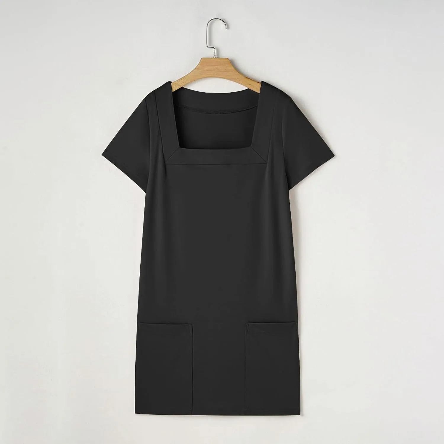 hlysgo Beach Dresses for Women 2025 Summer Short Sleeve Square Neck Casual Dress Solid Soft Comfy Mini Dress with Pockets
