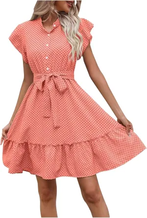 hlysgo Going Out Dresses for Women 2025 Summer Button Down V Neck Short Sleeve Mini Dress Casual A-Line Swing Ruffled Dress