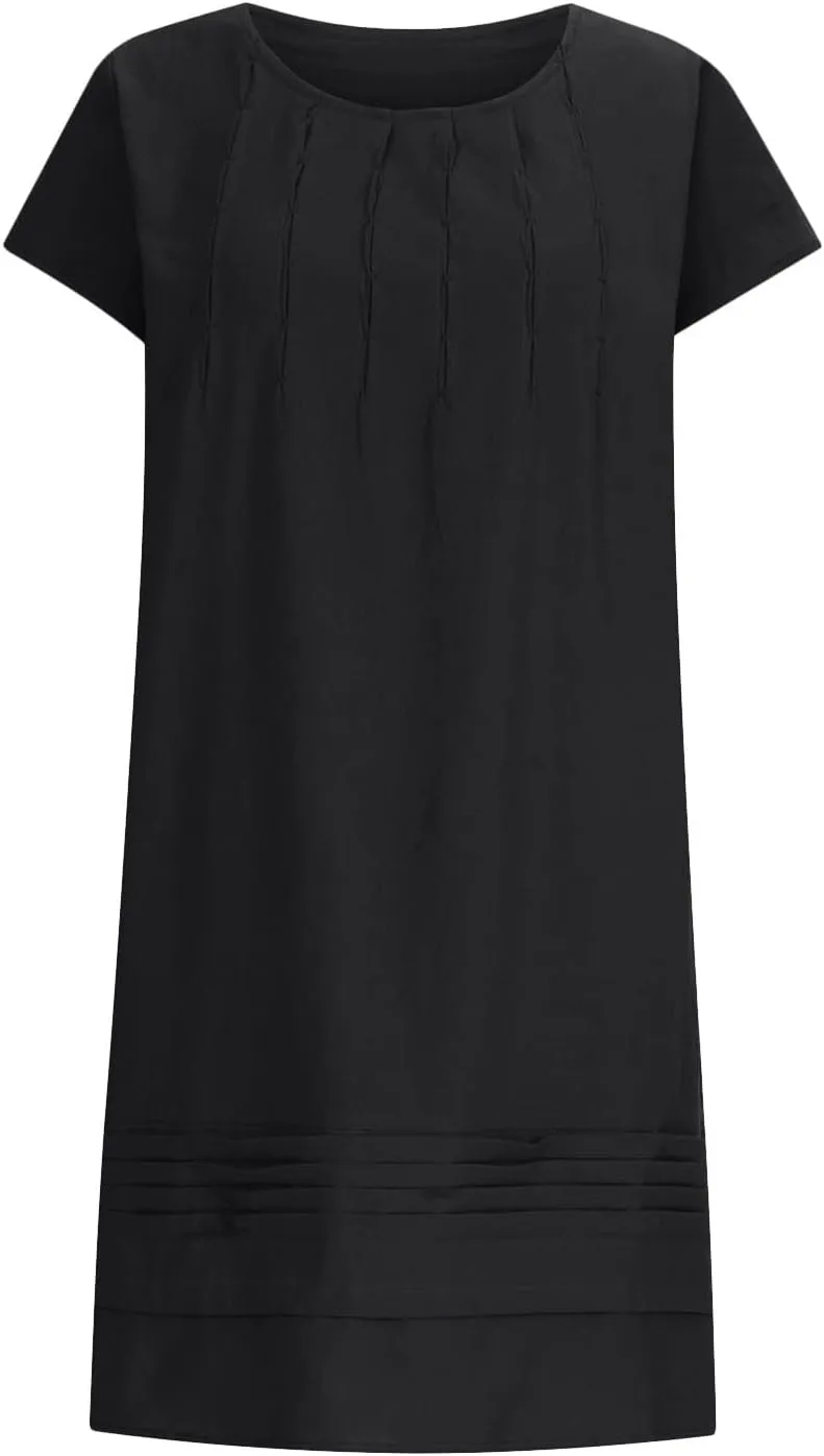 hlysgo Womens Casual Dresses 2025 Summer Loose Comfy Cotton Linen Pleated Dress Solid Short Sleeve Crew Neck Mini Dress