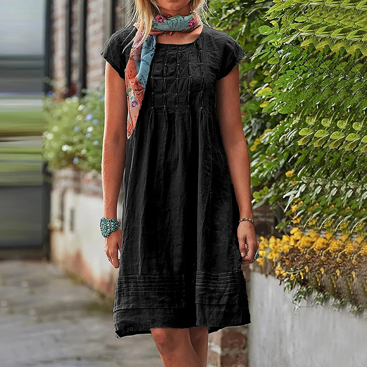 hlysgo Womens Casual Dresses 2025 Summer Loose Comfy Cotton Linen Pleated Dress Solid Short Sleeve Crew Neck Mini Dress