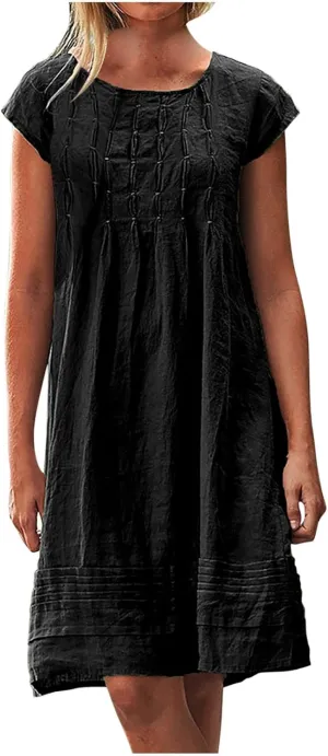 hlysgo Womens Casual Dresses 2025 Summer Loose Comfy Cotton Linen Pleated Dress Solid Short Sleeve Crew Neck Mini Dress