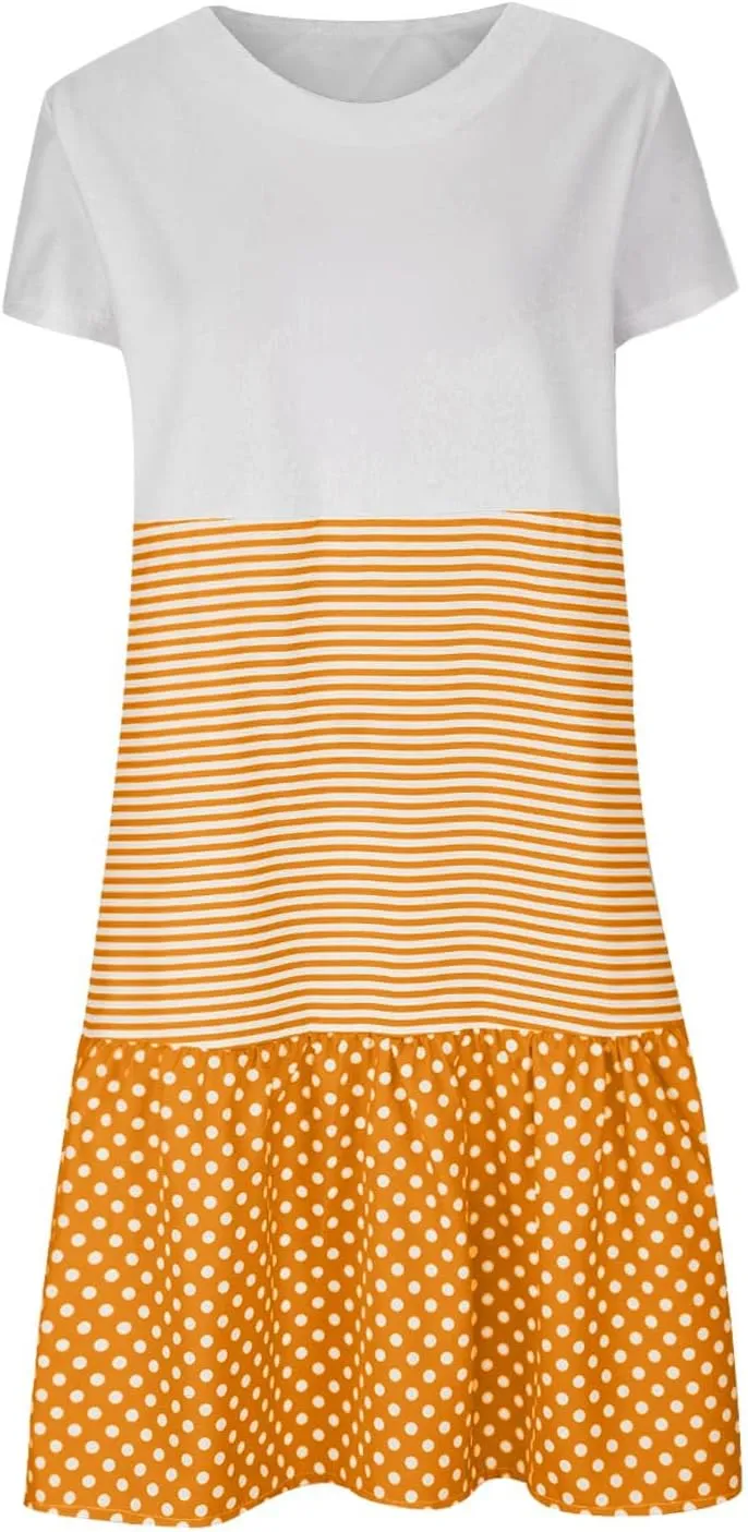 hlysgo Womens Summer Dress 2025 Casual Short Sleeve Crew Neck Mini Dresses Lightweight Plus Size Peplum Boho Beach Dress