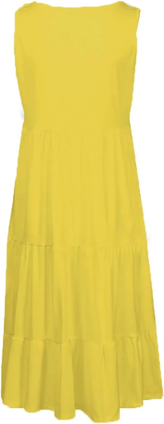 Holiday Dresses for Women 2025 Summer Vacation Beach Dresses Sleeveless U Neck Smocked Midi Sundress Party Dress