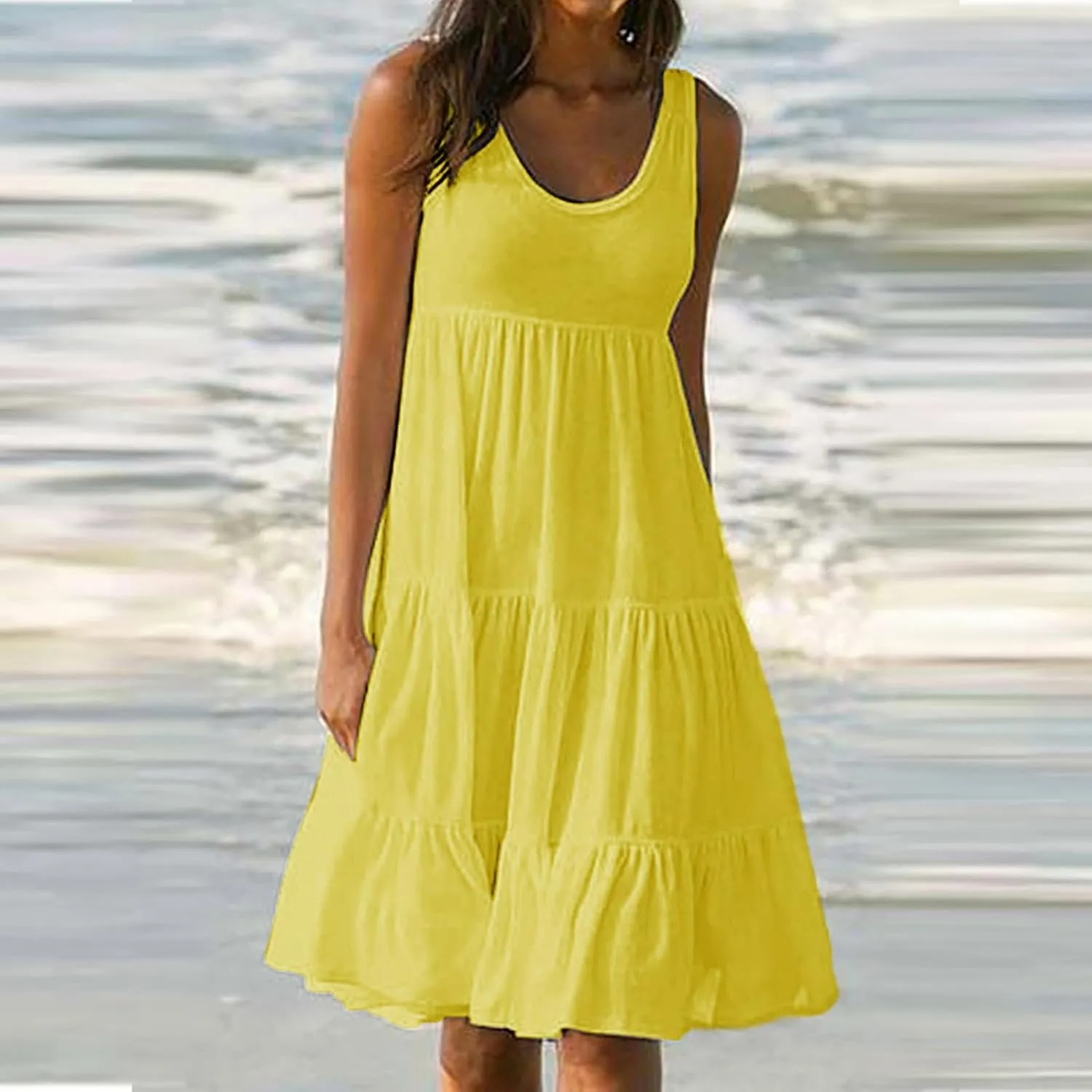 Holiday Dresses for Women 2025 Summer Vacation Beach Dresses Sleeveless U Neck Smocked Midi Sundress Party Dress