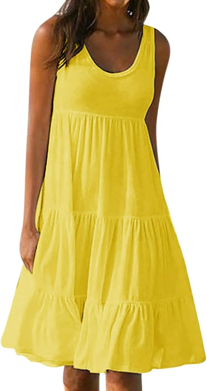 Holiday Dresses for Women 2025 Summer Vacation Beach Dresses Sleeveless U Neck Smocked Midi Sundress Party Dress