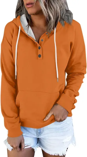 Hoodies for Women Trendy 2024 Hooded Button Collar Drawstring Pullover Sweatshirts Casual Long Sleeve Clothes