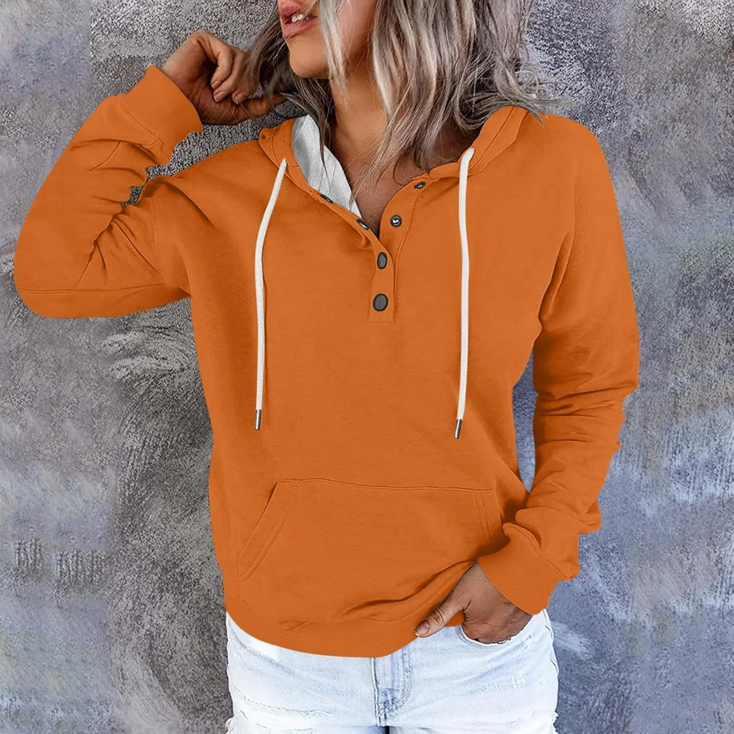 Hoodies for Women Trendy 2024 Hooded Button Collar Drawstring Pullover Sweatshirts Casual Long Sleeve Clothes