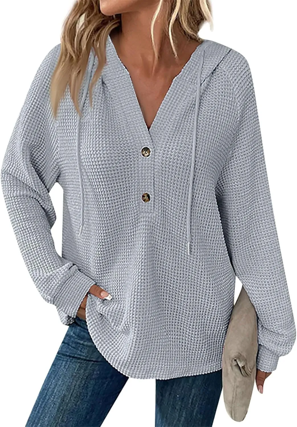 Hoodies for Women Waffle Knit Drawstring Button V Neck Long Sleeve Casual Pullover Sweatshirt Hooded Tops