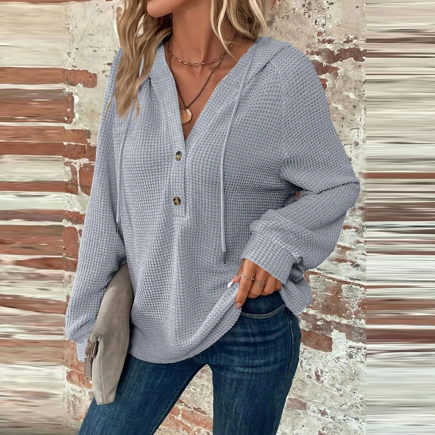 Hoodies for Women Waffle Knit Drawstring Button V Neck Long Sleeve Casual Pullover Sweatshirt Hooded Tops