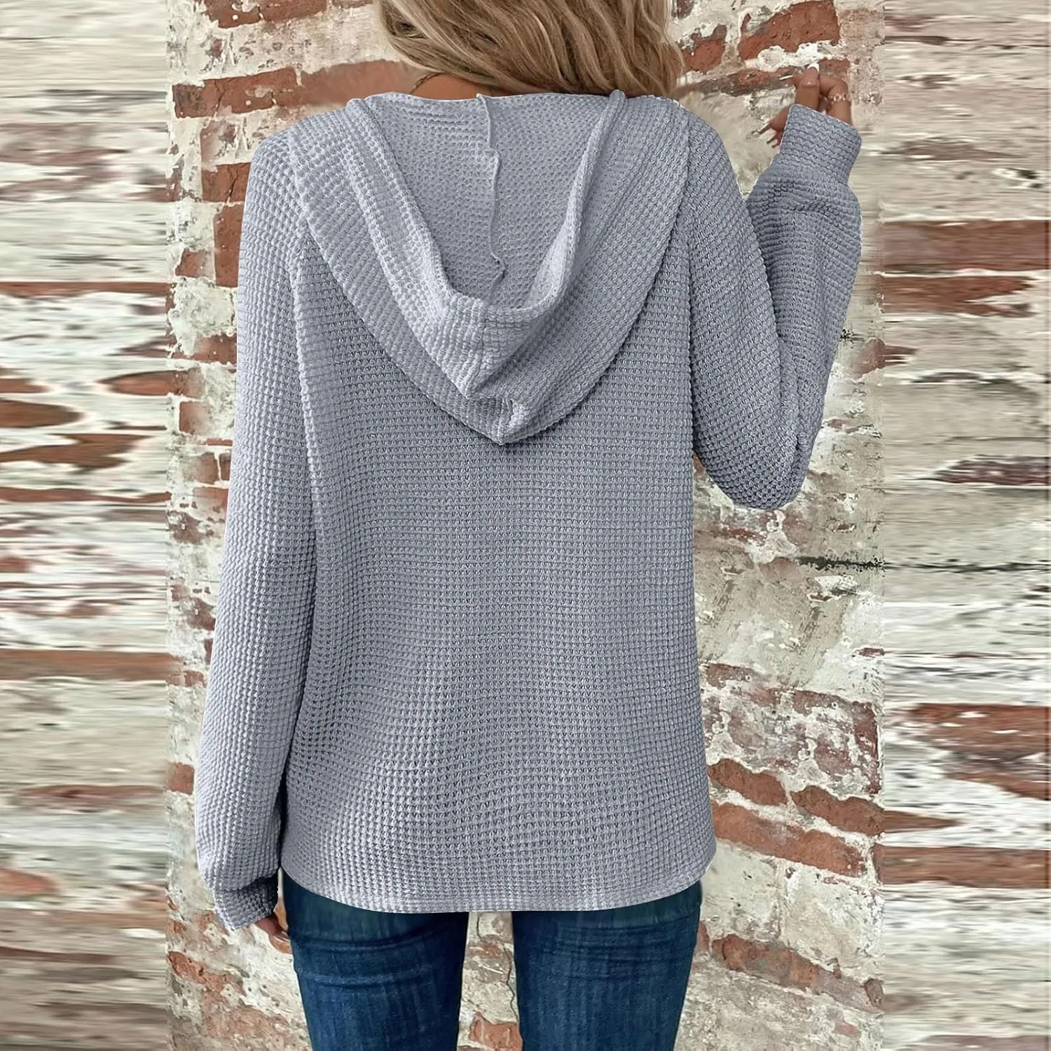 Hoodies for Women Waffle Knit Drawstring Button V Neck Long Sleeve Casual Pullover Sweatshirt Hooded Tops
