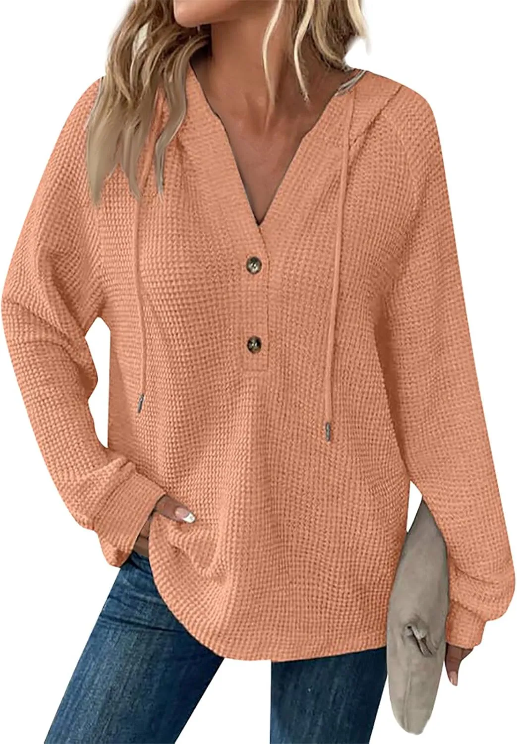 Hoodies for Women Waffle Knit Drawstring Button V Neck Long Sleeve Casual Pullover Sweatshirt Hooded Tops