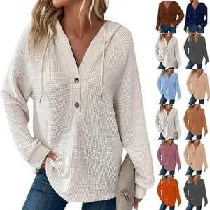 Hoodies for Women Waffle Knit Drawstring Button V Neck Long Sleeve Casual Pullover Sweatshirt Hooded Tops