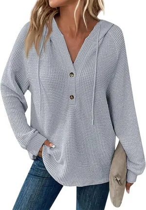 Hoodies for Women Waffle Knit Drawstring Button V Neck Long Sleeve Casual Pullover Sweatshirt Hooded Tops
