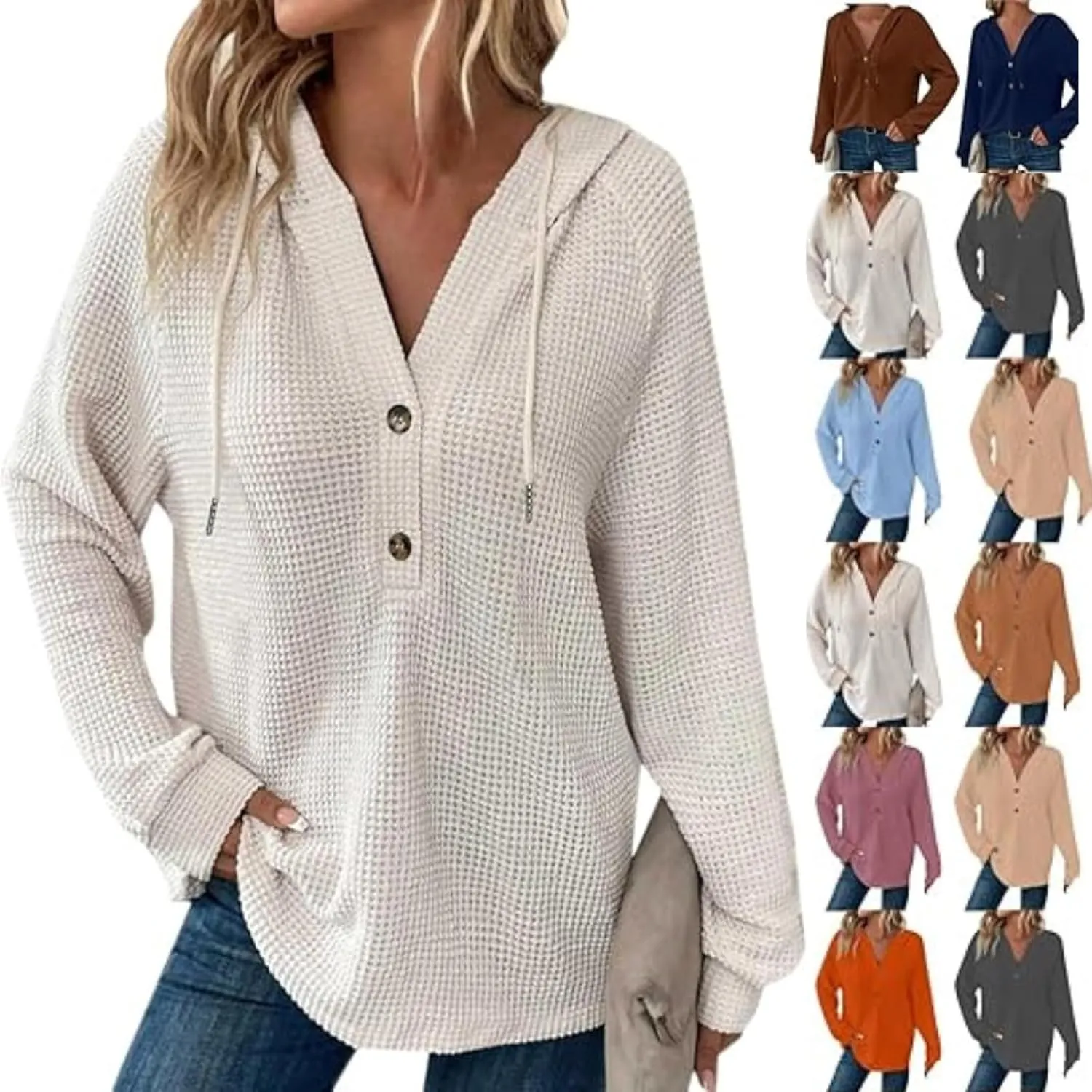 Hoodies for Women Waffle Knit Drawstring Button V Neck Long Sleeve Casual Pullover Sweatshirt Hooded Tops
