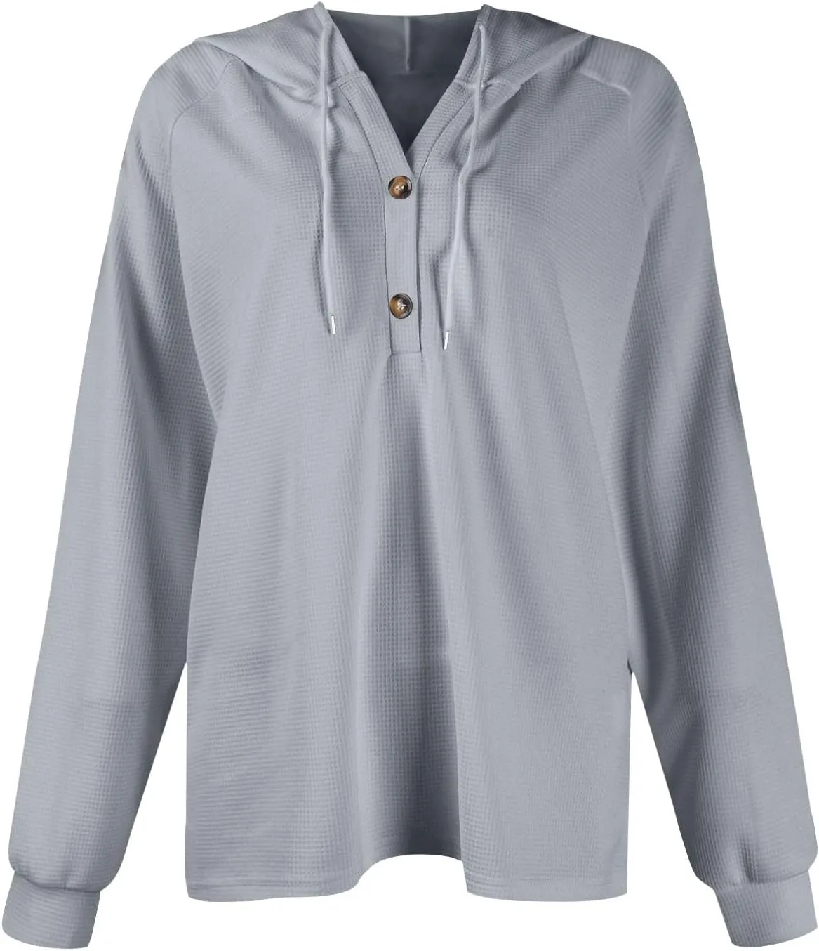 Hoodies for Women Waffle Knit Drawstring Button V Neck Long Sleeve Casual Pullover Sweatshirt Hooded Tops
