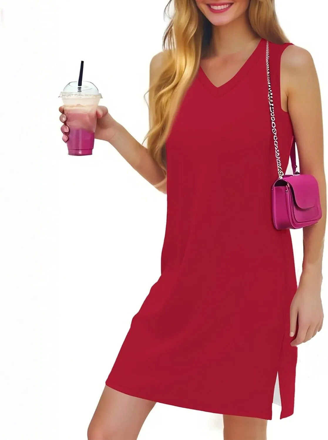 HXHYQKP Beach Vacation Clothes for Women Summer Solid Dress V-Neck Casual Loose Sleeveless Sundress with Split