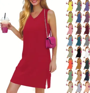 HXHYQKP Beach Vacation Clothes for Women Summer Solid Dress V-Neck Casual Loose Sleeveless Sundress with Split