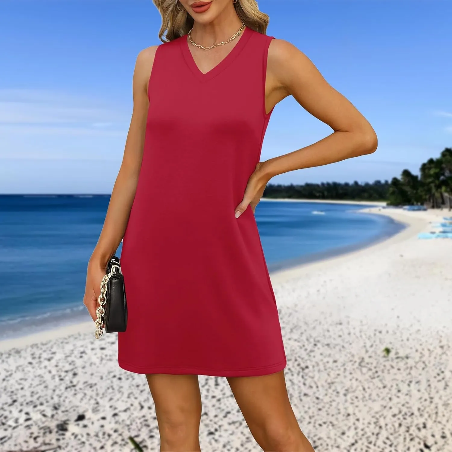 HXHYQKP Beach Vacation Clothes for Women Summer Solid Dress V-Neck Casual Loose Sleeveless Sundress with Split