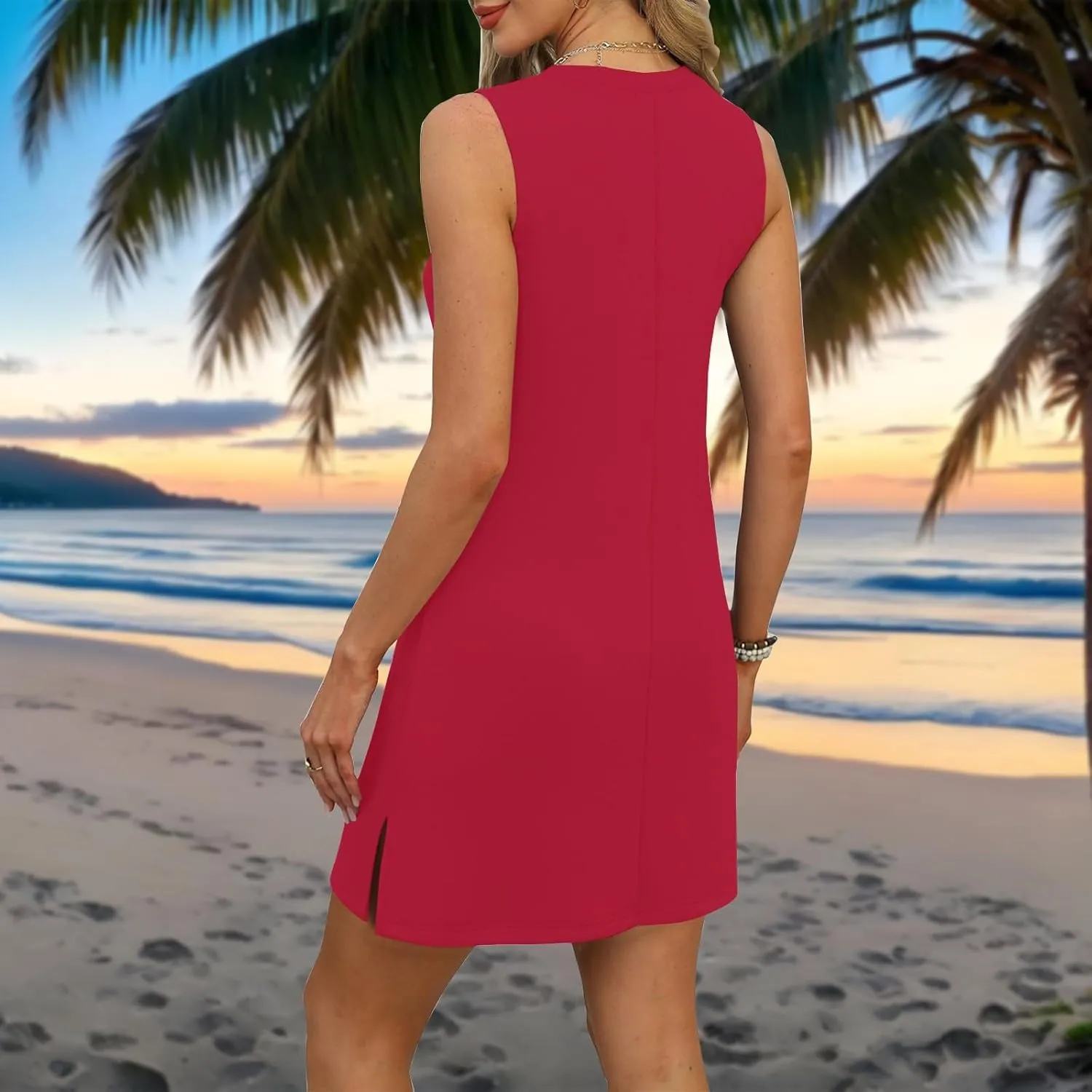 HXHYQKP Beach Vacation Clothes for Women Summer Solid Dress V-Neck Casual Loose Sleeveless Sundress with Split