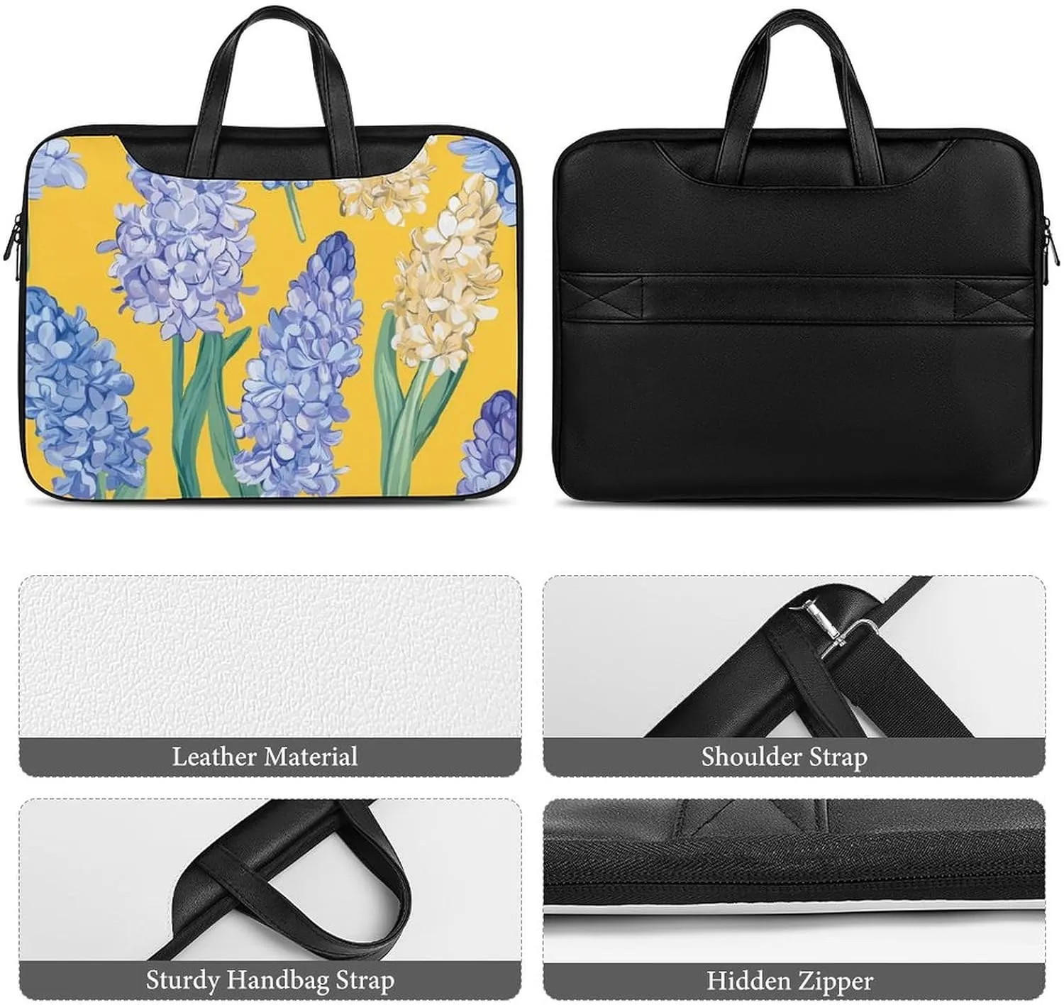 Hyacinth Flowers Yellow Leather Bag Laptop Case Slim Water Resistant Computer Bags with Handle Briefcase for Work