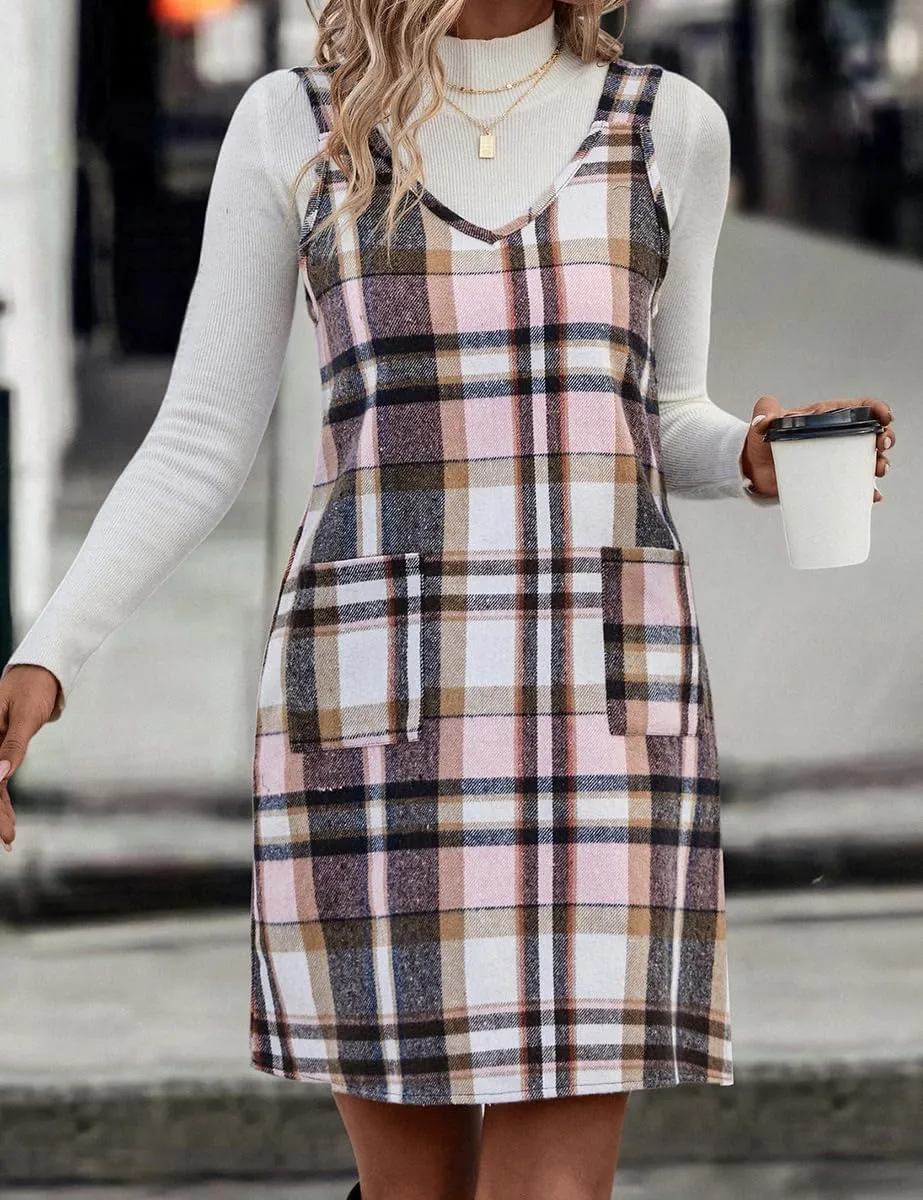 IDEALSANXUN Plaid Overall Dress for Women Fall Winter Sleeveless Plaid Dresses with Pockets
