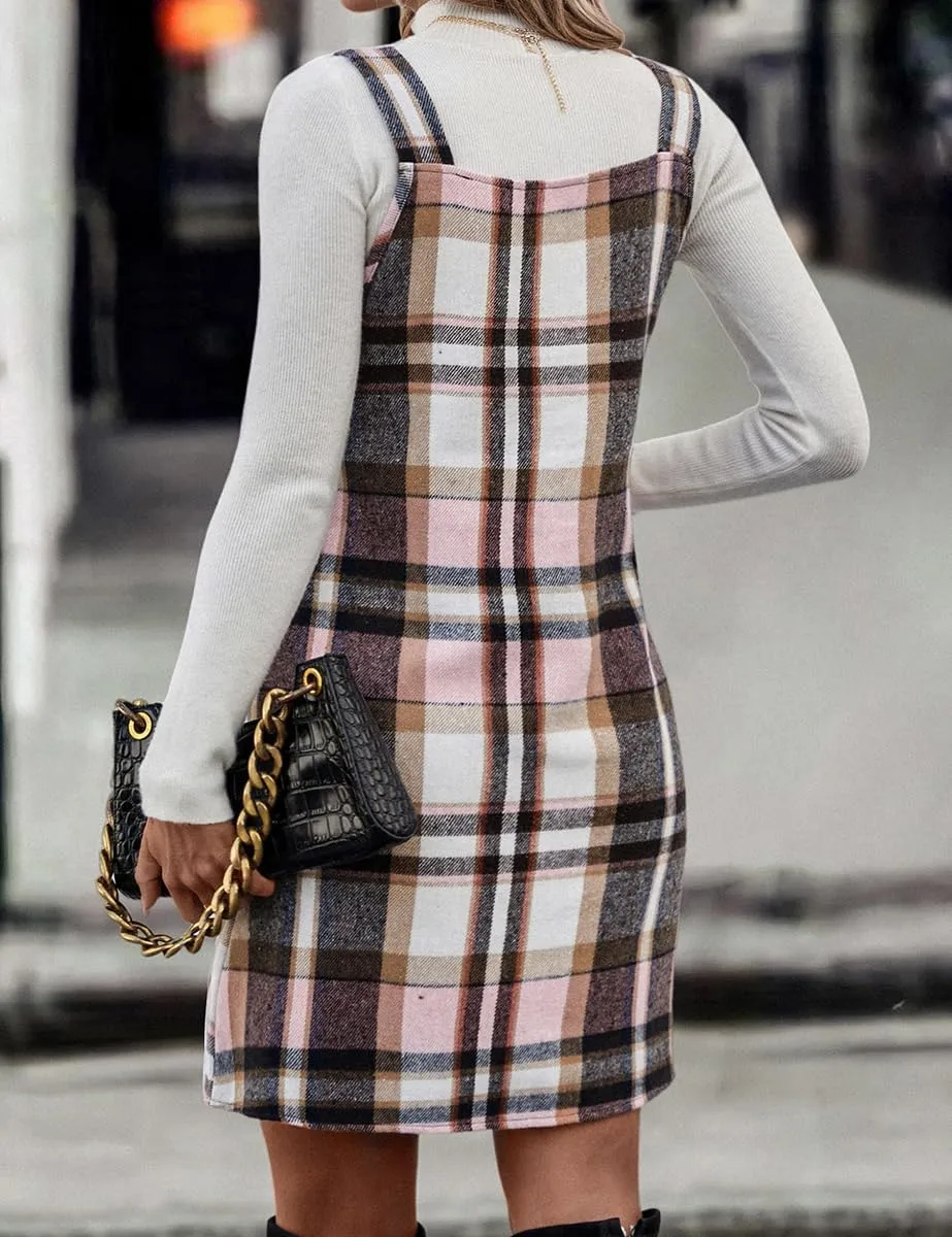 IDEALSANXUN Plaid Overall Dress for Women Fall Winter Sleeveless Plaid Dresses with Pockets