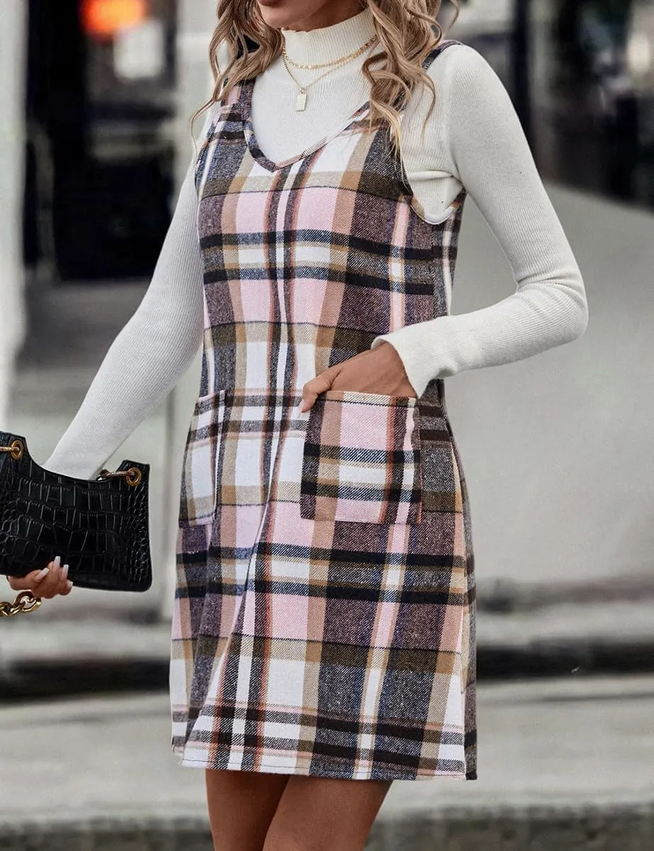 IDEALSANXUN Plaid Overall Dress for Women Fall Winter Sleeveless Plaid Dresses with Pockets