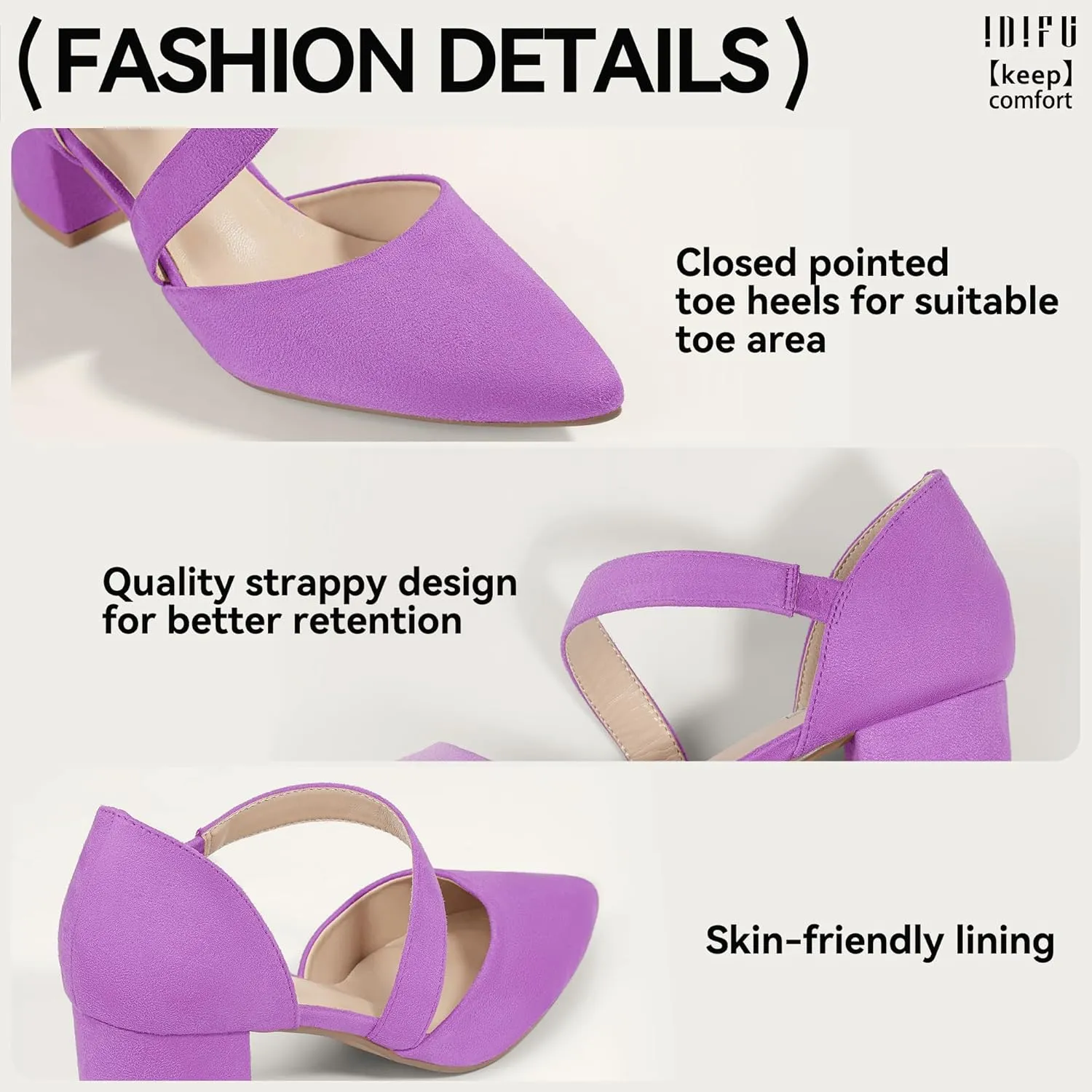 IDIFU IN2 Women's Pumps Closed Toe Strappy Heels Low Block Chunky Heels Dressy Wedding Bride Bridesmaid Prom Graduation Business Dress Shoes for Women Comfortable Formal Pointed Toe Short Small Heels