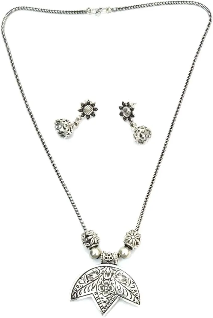Indian Jewelry German Silver Fashion Jewelry Set Stylish Antique Necklace Jewelry Set for Women Flower Shape Silver Pendant with Stud Jhumki Earring for Women Fashion Jewellery